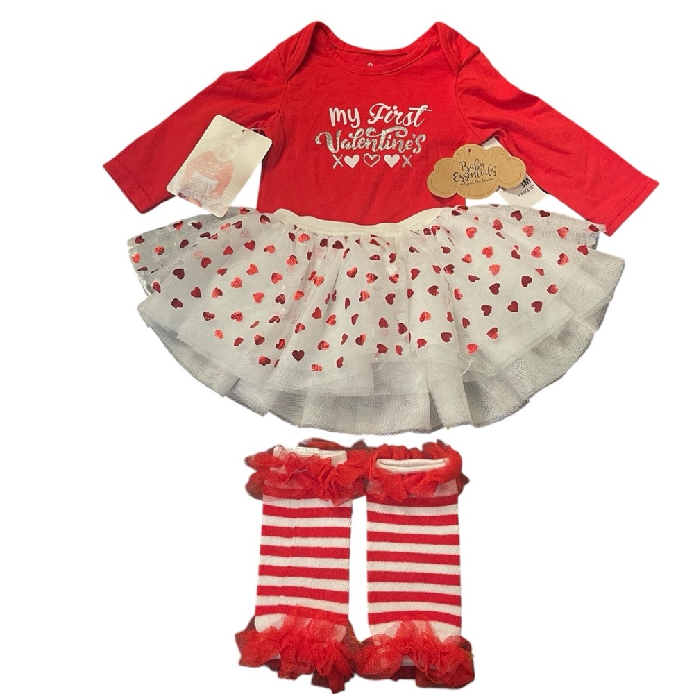 NWT Baby’s First Valentine’s Day 3-piece outfit size: 3 mo. Red and white hearts